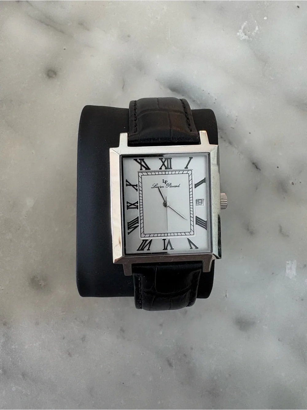 Lucien Piccard Silver-Tone Square Watch with Black Leather Strap